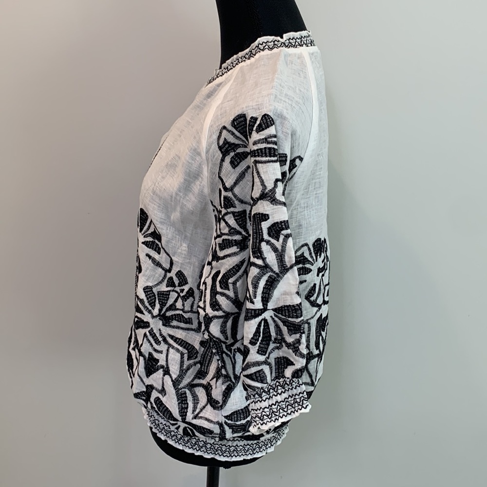 Chicos Black White Linen Embroidered Aztec Bomber Jacket Size 2 or Large - Picture 4 of 8